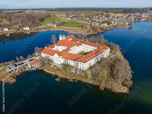 Aerial view, Seeon Monastery, Klostersee, Seeon-Seebruck, Chiemgau, aerial view, Upper Bavaria, Bavaria, Germany