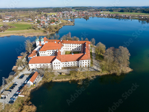 Aerial view, Seeon Monastery, Klostersee, Seeon-Seebruck, Chiemgau, aerial view, Upper Bavaria, Bavaria, Germany