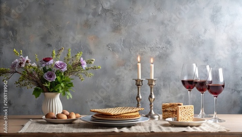 A Festive Still Life Featuring Matzah, Wine, and Candles on a Rustic Table
