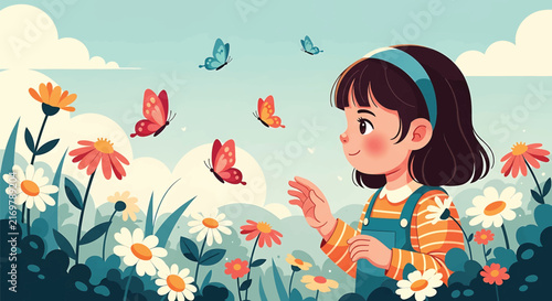 Cute Asian Girl Watching Sunset Over Ocean Waves, Peaceful Cartoon Character in Red Shirt, Cute Happy Little Asian Character, Relaxing Sea View Landscape, Calm Female Girl, Serene Summer Vibe