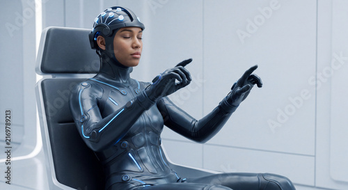 Futuristic woman in sleek black cyber suit and neural headset sitting in white chair while gesturing at invisible digital virtual interface