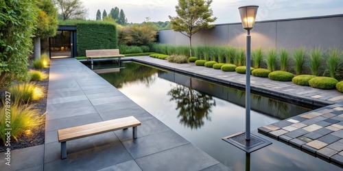 Serene Evening in a Modern Landscape Design Featuring a Reflective Pool and Tranquil Pathways