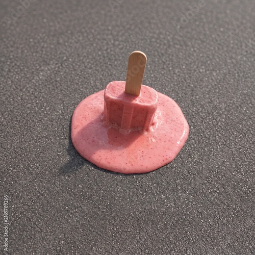 Pink strawberry popsicle melting on dark grey asphalt surface under hot summer sun