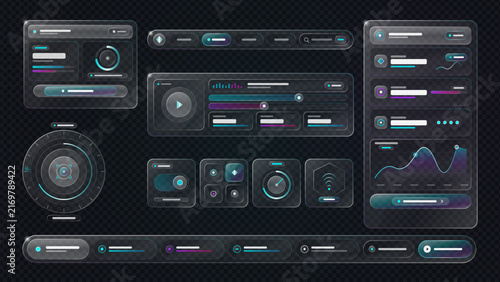 Futuristic glassmorphism ui kit with transparent frosted elements, hud panels, data charts, and navigation bars for digital interfaces