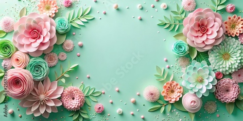 Pastel Paper Flowers and Delicate Foliage Arranged in a Festive Border on a Mint Green Background