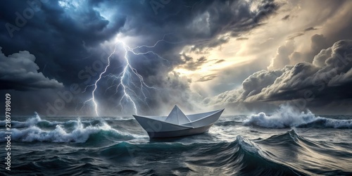 A fragile paper vessel navigates a tempestuous ocean, amidst a dramatic sky filled with powerful lightning strikes and towering, dark clouds.