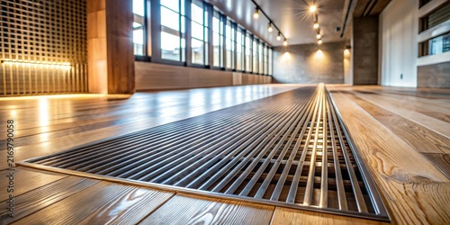 Modern metallic floor vent in a contemporary interior with hardwood flooring and large windows