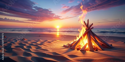 Serene Sunset Beach Bonfire  Warm Embers Glow on Sandy Shores as the Sun Dips Below the Horizon