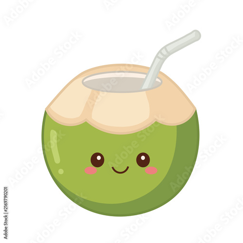 Cute Kawaii Coconut Character with Straw Isolated on Transparent Background. Suitable for food packaging, stickers, summer designs, children's graphics, and social media content.