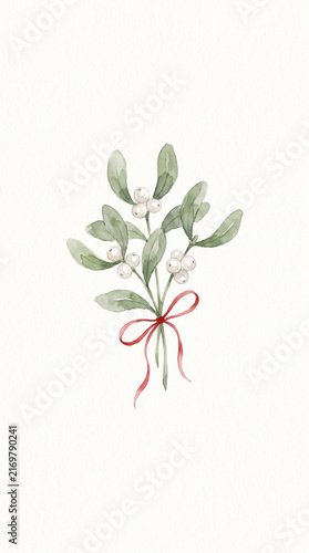 Watercolor mistletoe illustration featuring green leaves, white berries, and a red bow on white background