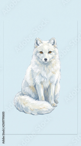 Watercolor painting of a cute white arctic fox sitting gracefully on a light blue background, wildlife illustration