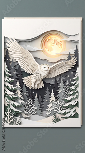 Stunning 3D paper cut art card featuring a majestic snowy owl flying over a winter forest under a glowing full moon