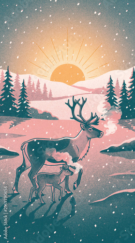A serene winter illustration of a majestic reindeer and its calf walking through a snowy landscape at sunset