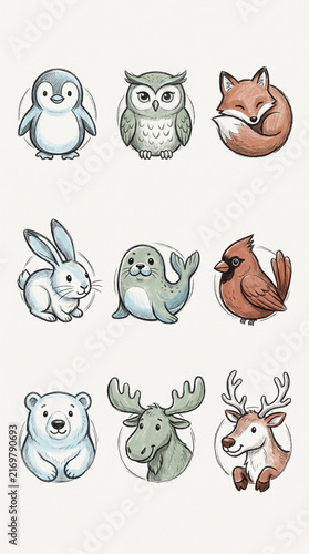 Set of cute hand-drawn animal vector stickers including a penguin, owl, fox, rabbit, seal, cardinal, polar bear, moose, and deer on a light background