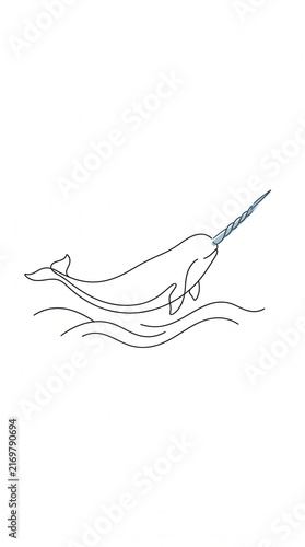 Minimalist one line drawing of a majestic narwhal swimming over gentle ocean waves with a sparkling horn