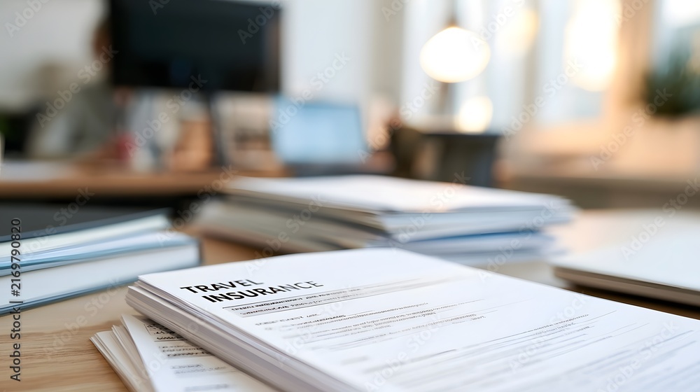 Obraz premium Travel insurance documents rest on a wooden desk in a softly lit office space with blurred background elements