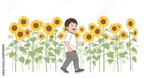 Happy Boy Walking Through Sunflowers, Cute Child Strolling in Flower Field, Summer Seasonal Illustration, Cheerful Garden Scene Vector Icon