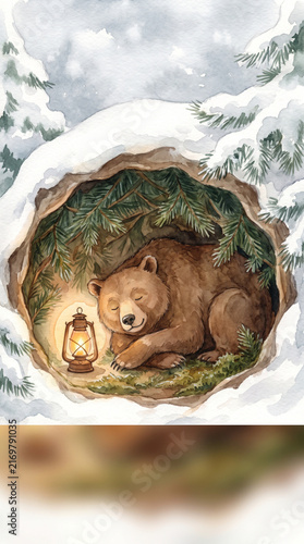Watercolor illustration of a cozy brown bear sleeping peacefully in a snowy winter den with a glowing oil lamp