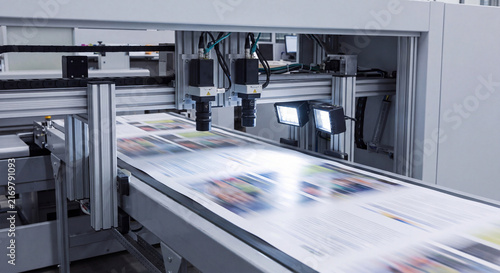 Printed paper sheets move swiftly along an automated conveyor belt under bright illuminated sensors and optical inspection cameras in a print shop