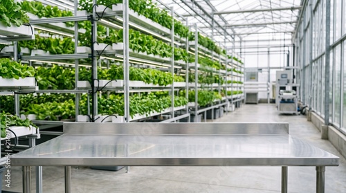 Clean steel workspace inside an automated greenhouse