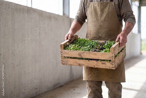 Farm worker carrying a wooden crate of fresh microgreens