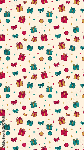 Seamless festive holiday pattern with colorful wrapped gift boxes and bows, perfect for wrapping paper or seasonal greeting backgrounds