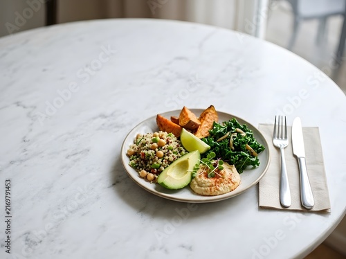 Healthy Vegan Meal on a White Marble Table with Fresh Ingredients