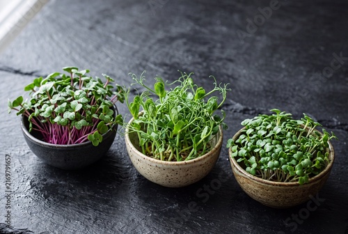 Fresh microgreen varieties arranged in ceramic dishes