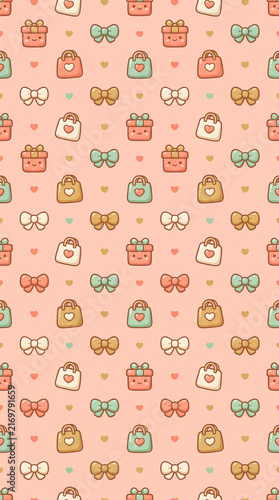 Seamless pattern featuring cute kawaii gift boxes, shopping bags, and decorative bows in pastel colors against a pink background for fun design projects