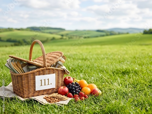 Picnic Basket with Fresh Fruits and Tableware in Scenic Landscape