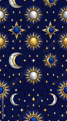 Celestial harmony seamless pattern featuring glowing golden suns and luminous moon phases against a deep night sky background