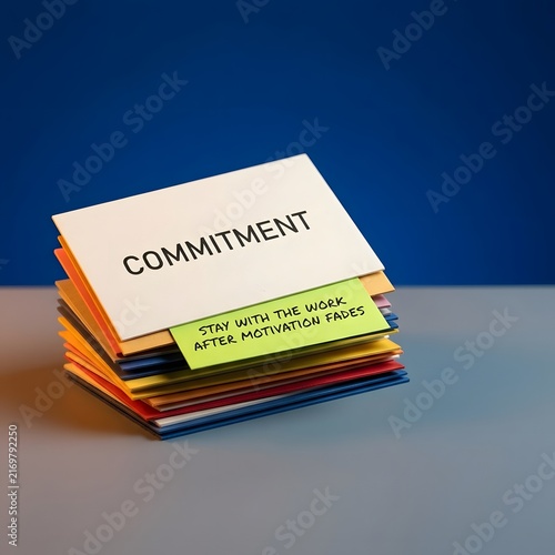 Stack of Colorful Cards with Commitment Message in Bold Print