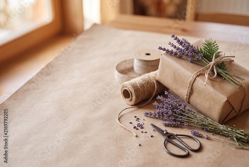 Eco friendly gift wrapping with jute twine and lavender