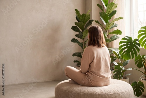 Office employee relaxing on a cushion in a biophilic space