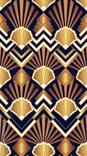 Luxury art deco geometric seamless pattern featuring golden seashell motifs, chevron lines, and fan shapes on a dark blue background for sophisticated textile and wallpaper design