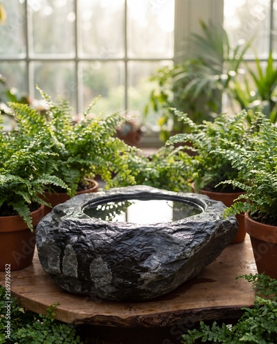 Stone water basin surrounded by ferns in an indoor garden