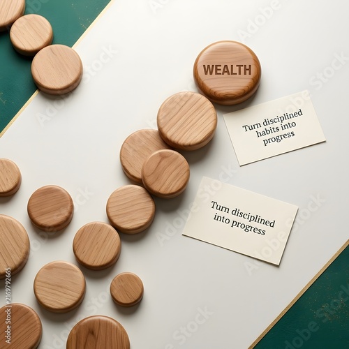 Wooden Tokens Symbolizing Wealth and Progress in Self-Improvement