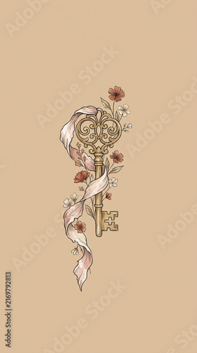 Vintage ornate key illustration decorated with delicate ribbon and blooming flowers in soft pastel tones