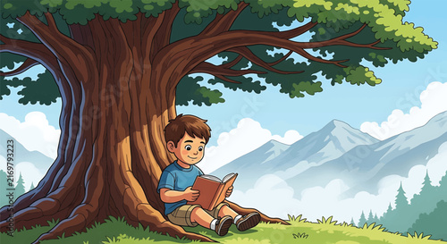 Cute boy reading book under oak tree, cartoon nature illustration with mountains and forest, relaxing outdoor reading time for children lifestyle