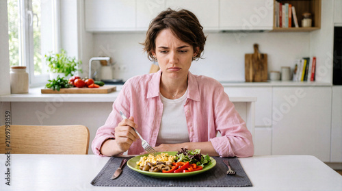 Sad and frustrated young woman sitting alone at table, refusing or unhappy to eat healthy meal in modern home kitchen