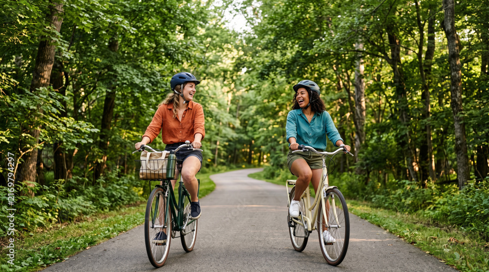 Fototapeta premium Two women friends cycling on a paved path through a lush green forest