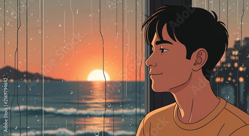 Hand-drawn vector boy looking at sunset ocean. Anime style illustration of profile face. Romantic seaside atmosphere, summer vacation mood, cityscape background at dusk, young man character art