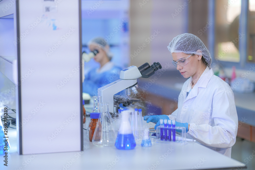Fototapeta premium Two female medical researchers in blue surgical gowns with hairnets and protective goggles adjusting the scope over blue-capped tubes inside a busy medical diagnostics laboratory.