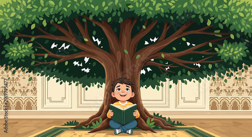 Indoor tree vector illustration, boy reading book under green foliage, flat design interior room scene, educational backdrop