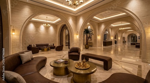 Luxury Hotel Lobby Interior with Arches and Seating Area