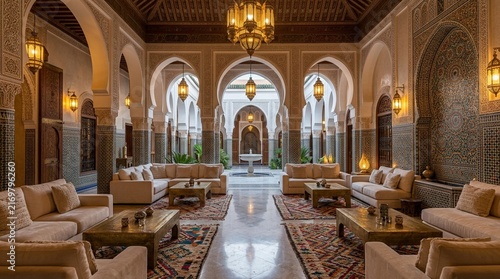 Luxury Moroccan Riads Interior: Courtyard, Arches, Lamps, Sofas, Fountain