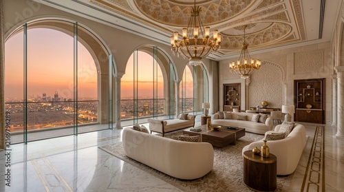 Luxury penthouse living room with panoramic city view at sunset