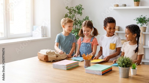 Group of happy diverse elementary school children excitedly organizing their colorful school supplies and learning materials on a wooden table, fostering togetherness and education