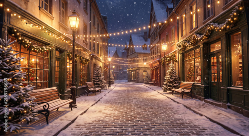 Picturesque winter night scene of a historic European cobblestone street covered in fresh snow decorated with glowing warm holiday fairy lights
