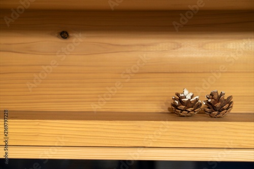 Small Pine Cone on Wooden Shelf with Copy Space
